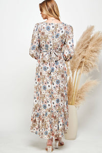 WOMEN'S LONG SLEEVE V-NECK SELF TIE HIGH-LOW FLORAL PRINT MAXI DRESS