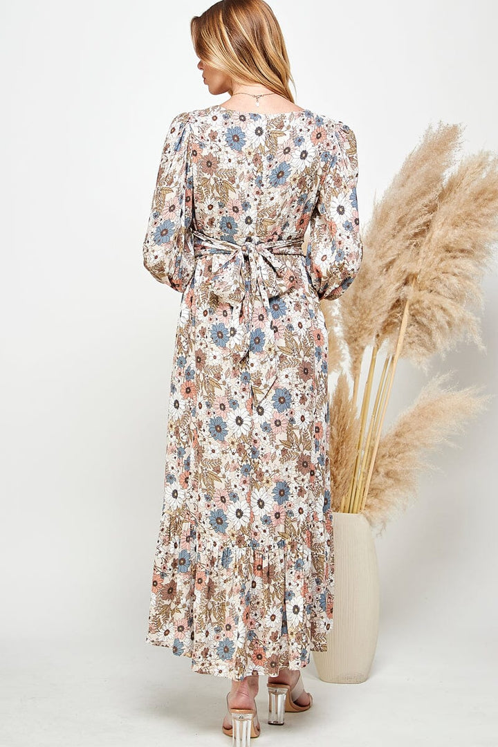 WOMEN'S LONG SLEEVE V-NECK SELF TIE HIGH-LOW FLORAL PRINT MAXI DRESS