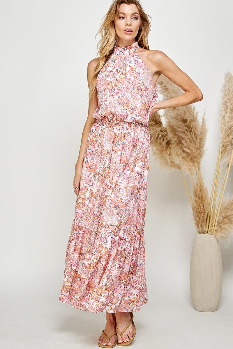 WOMEN'S SLEEVELESS HALTER NECK SMOCK WAIST PAISLEY PRINT MAXI DRESS