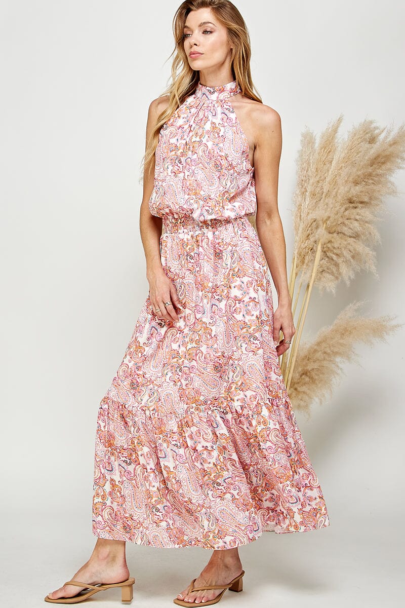 WOMEN'S SLEEVELESS HALTER NECK SMOCK WAIST PAISLEY PRINT MAXI DRESS