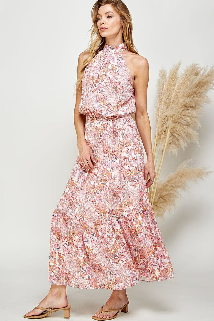 WOMEN'S SLEEVELESS HALTER NECK SMOCK WAIST PAISLEY PRINT MAXI DRESS