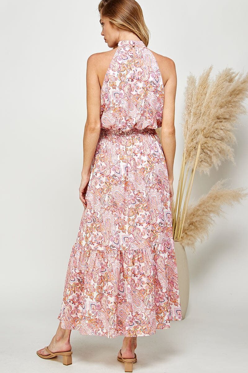 WOMEN'S SLEEVELESS HALTER NECK SMOCK WAIST PAISLEY PRINT MAXI DRESS