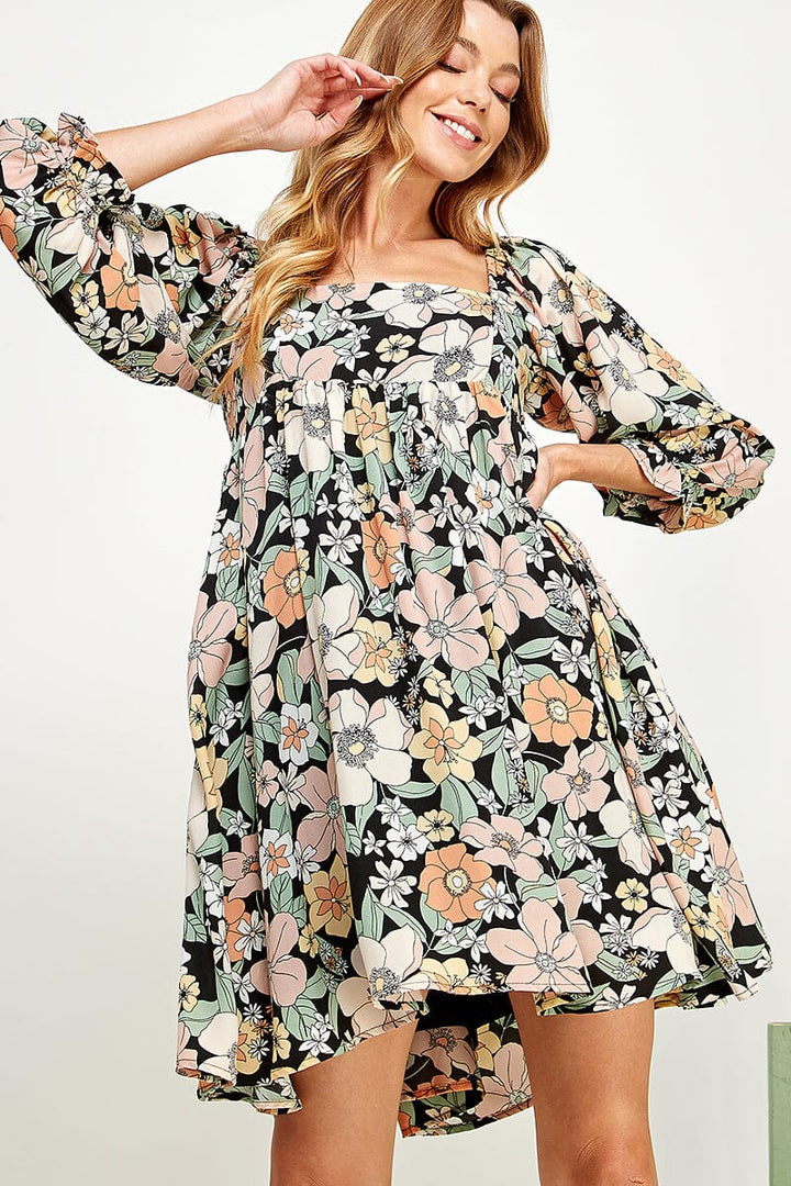 WOMEN'S 3/4 SLEEVE FRONT POCKETS SMOCK TUNIC FLORAL MINI DRESS