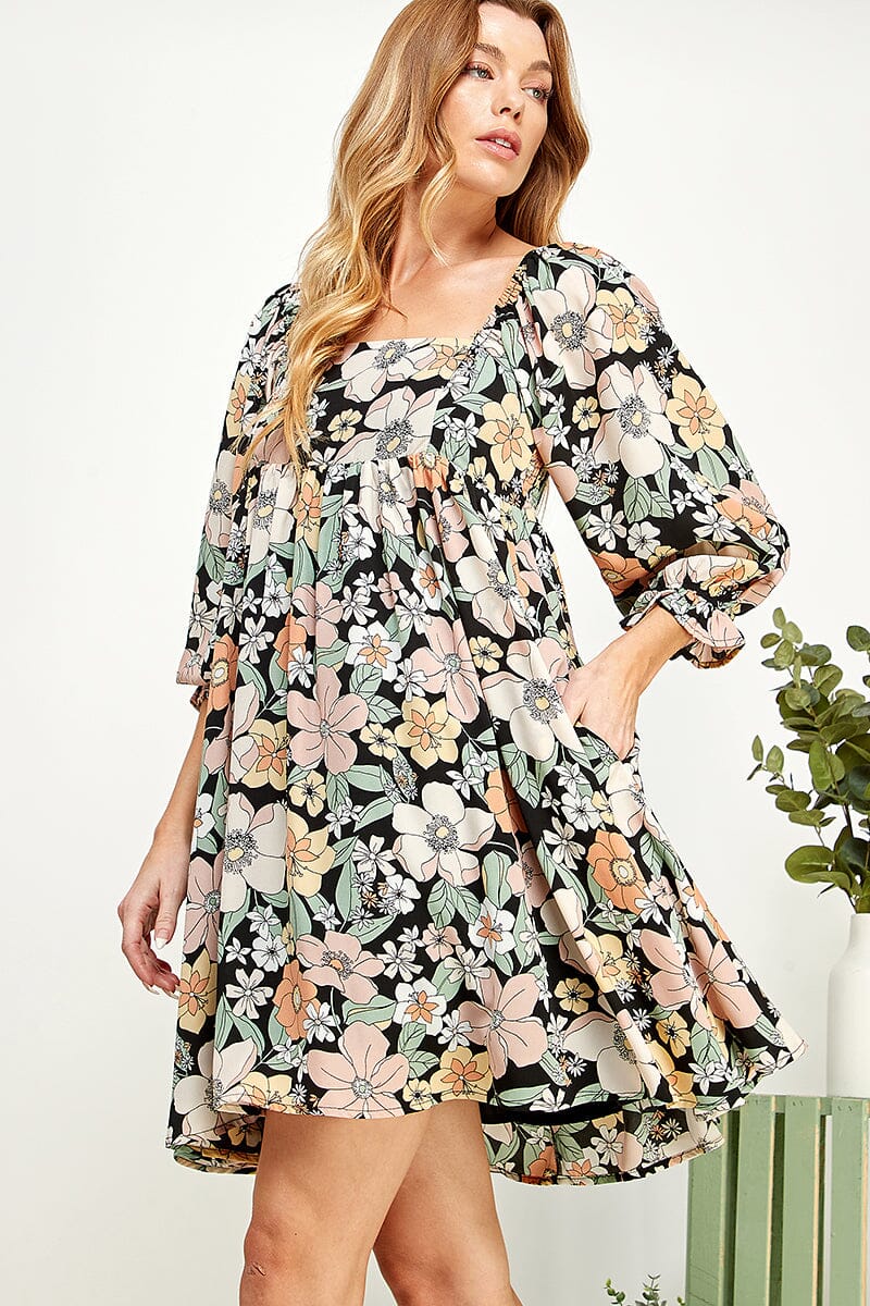 WOMEN'S 3/4 SLEEVE FRONT POCKETS SMOCK TUNIC FLORAL MINI DRESS