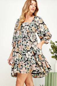 WOMEN'S 3/4 SLEEVE FRONT POCKETS SMOCK TUNIC FLORAL MINI DRESS