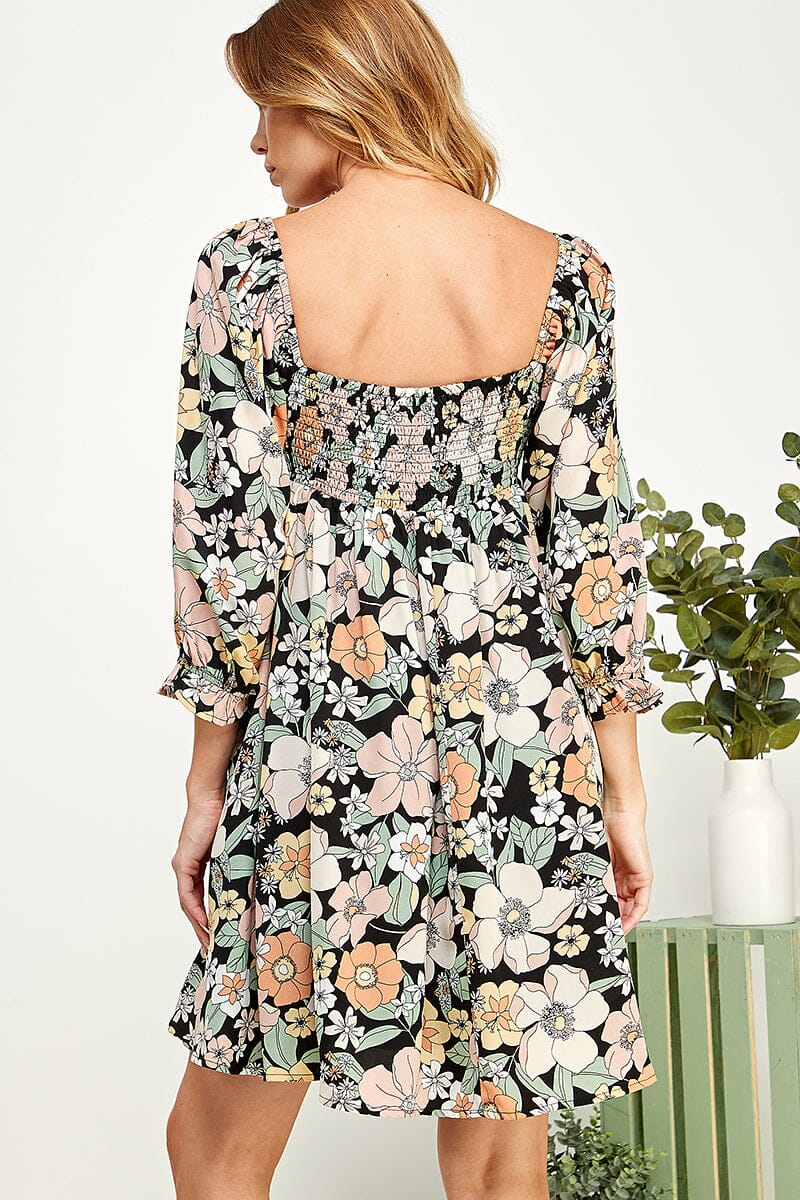 WOMEN'S 3/4 SLEEVE FRONT POCKETS SMOCK TUNIC FLORAL MINI DRESS