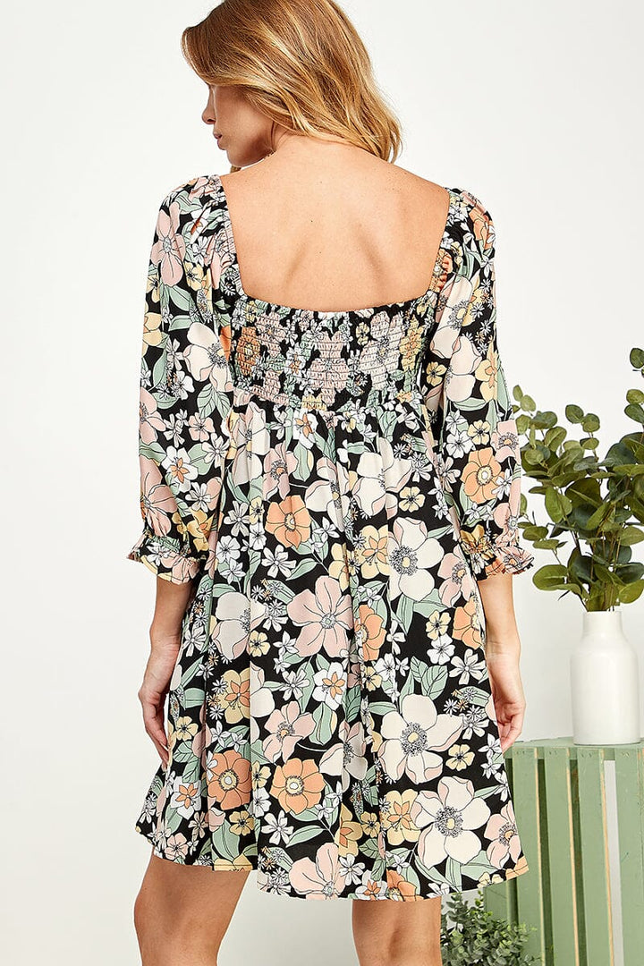 WOMEN'S 3/4 SLEEVE FRONT POCKETS SMOCK TUNIC FLORAL MINI DRESS