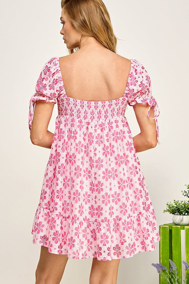WOMEN'S SHORT PUFF SLEEVE SQUARE NECK POCKETS SMOCK FLORAL MINI DRESS