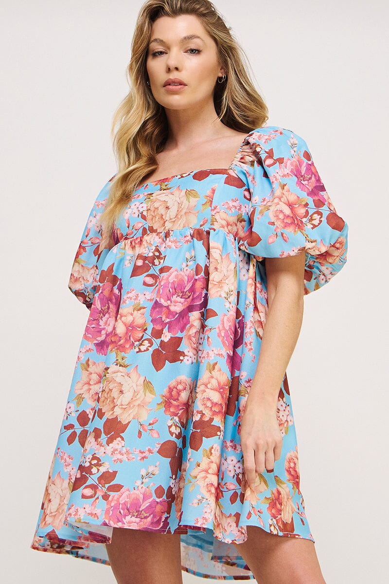 WOMEN'S SHORT PUFF SLEEVE SQUARE NECK BUBBLE BOTTOM HEM FLORAL MINI DRESS