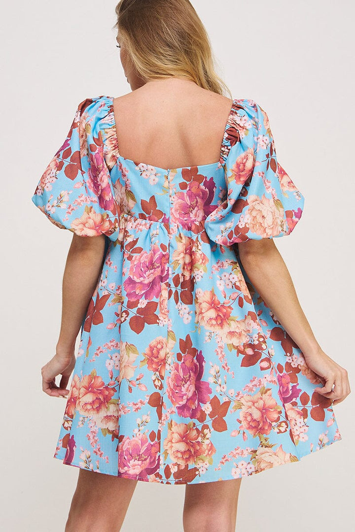 WOMEN'S SHORT PUFF SLEEVE SQUARE NECK BUBBLE BOTTOM HEM FLORAL MINI DRESS