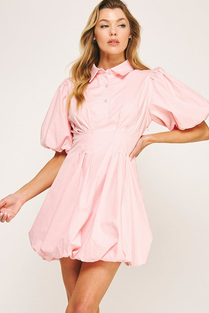 WOMEN'S SHORT PUFF SLEEVE BUTTON UP BUBBLE BOTTOM HEM MINI DRESS