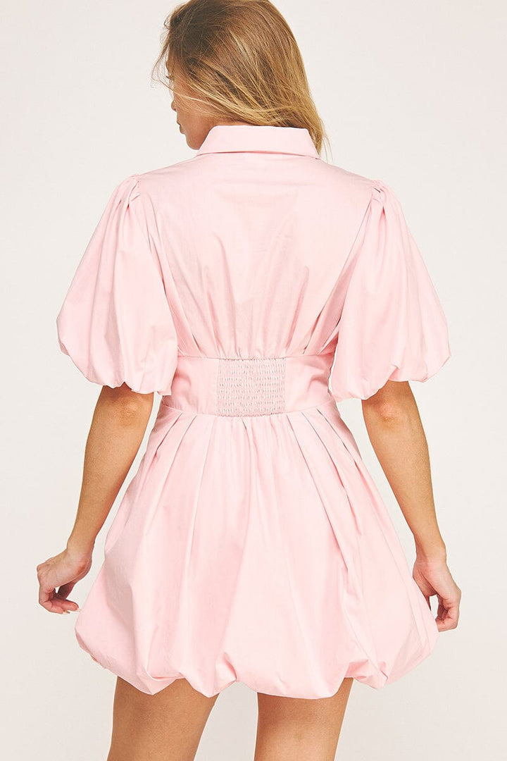 WOMEN'S SHORT PUFF SLEEVE BUTTON UP BUBBLE BOTTOM HEM MINI DRESS