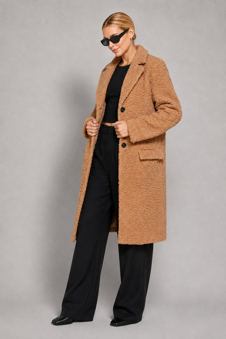 WOMEN'S LONG SLEEVE BUTTON CLOSURE FRONT POCKETS SHERPA COAT