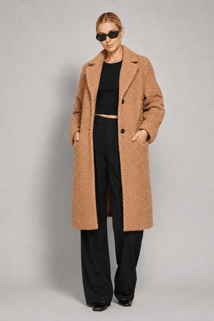 WOMEN'S LONG SLEEVE BUTTON CLOSURE FRONT POCKETS SHERPA COAT