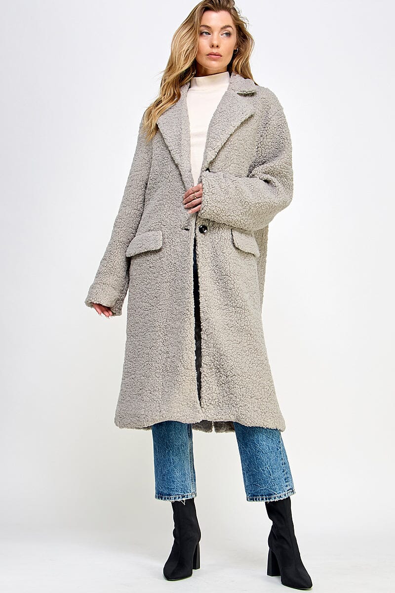 WOMEN'S LONG SLEEVE BUTTON CLOSURE FRONT POCKETS SHERPA COAT