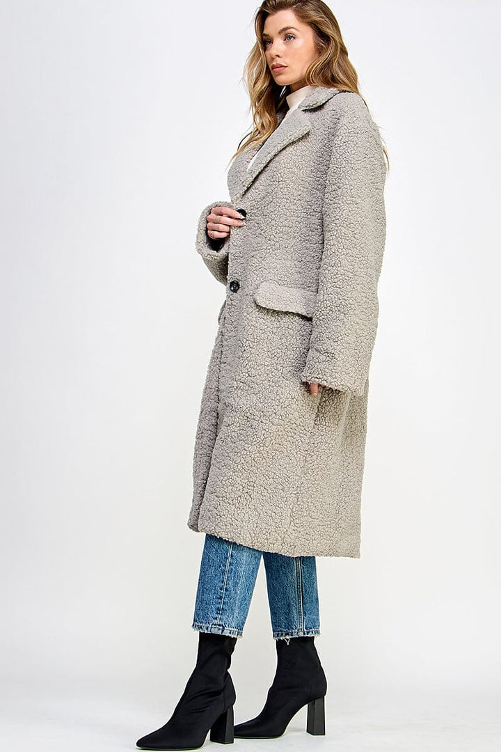 WOMEN'S LONG SLEEVE BUTTON CLOSURE FRONT POCKETS SHERPA COAT