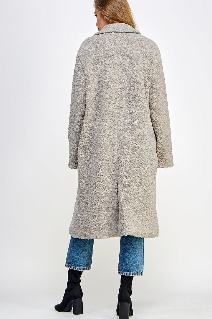 WOMEN'S LONG SLEEVE BUTTON CLOSURE FRONT POCKETS SHERPA COAT