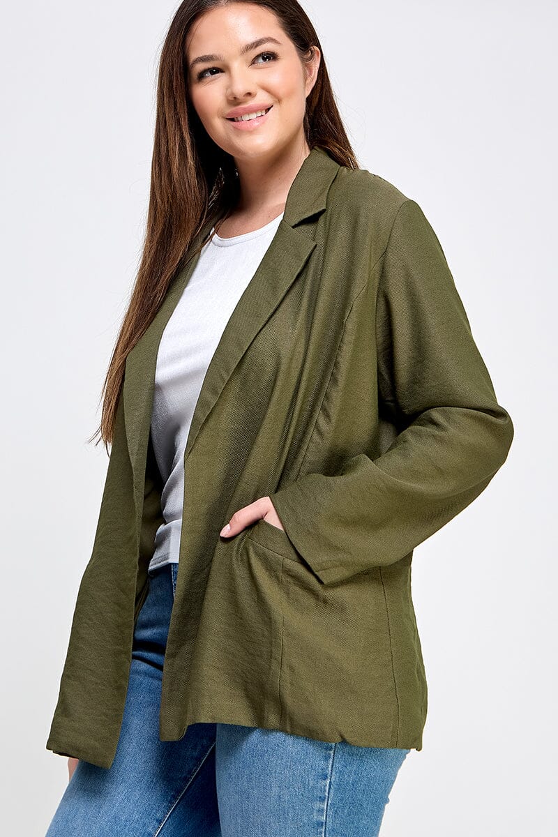 PLUS SIZE LONG SLEEVE OPEN FRONT POCKETS BLAZER