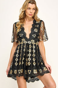 WOMEN'S SHORT SLEEVE V-NECK EMBROIDERY MESH ROMPER