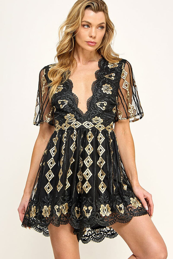 WOMEN'S SHORT SLEEVE V-NECK EMBROIDERY MESH ROMPER