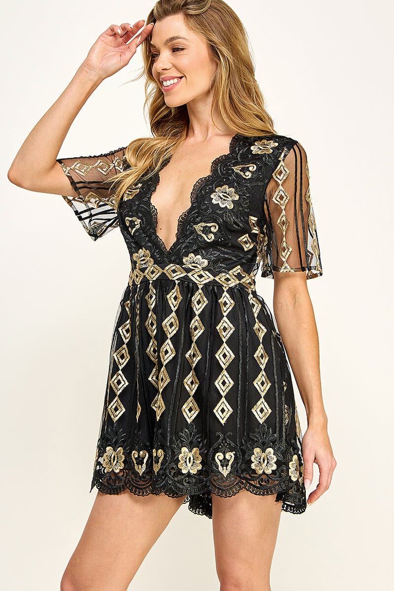 WOMEN'S SHORT SLEEVE V-NECK EMBROIDERY MESH ROMPER