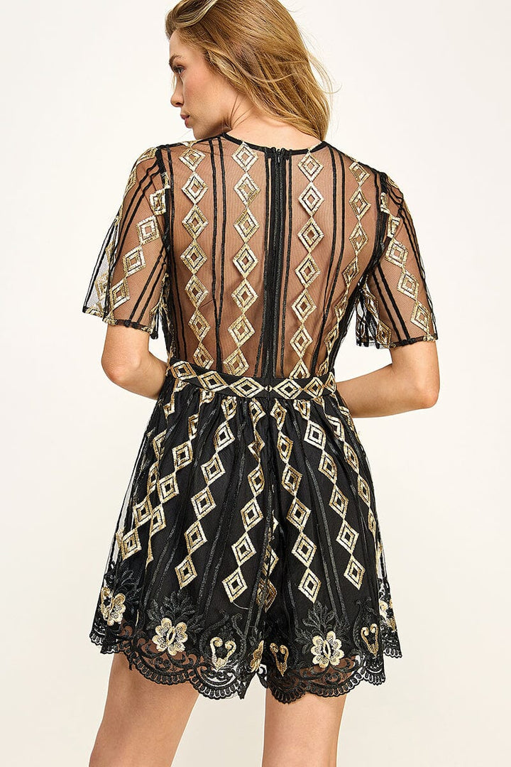 WOMEN'S SHORT SLEEVE V-NECK EMBROIDERY MESH ROMPER