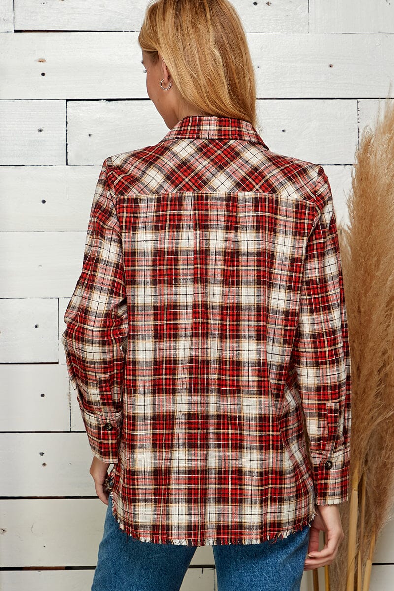 WOMEN'S LONG SLEEVE FRONT POCKET BUTTON UP PLAID SHIRT