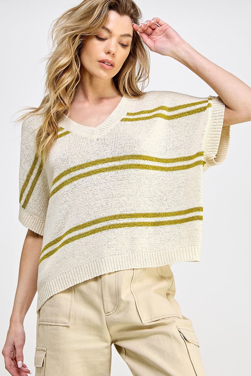 WOMEN'S SHORT SLEEVE V-NECK COLORBLOCK STRIPES LOOSE FIT KNIT TOP