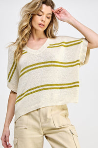 WOMEN'S SHORT SLEEVE V-NECK COLORBLOCK STRIPES LOOSE FIT KNIT TOP