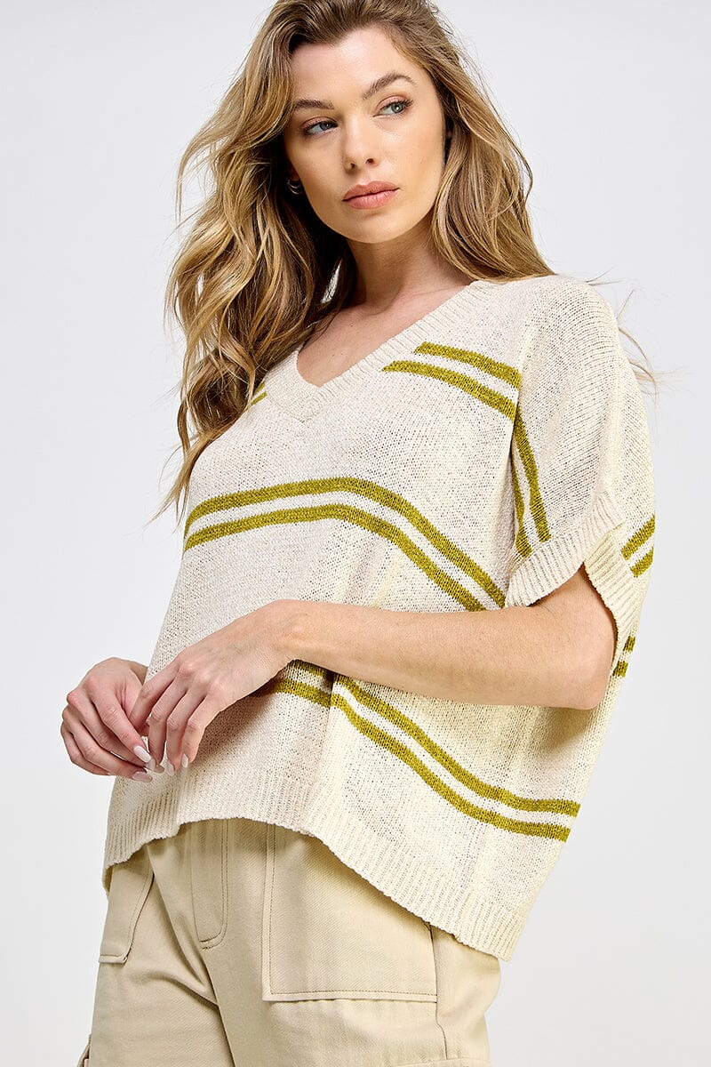 WOMEN'S SHORT SLEEVE V-NECK COLORBLOCK STRIPES LOOSE FIT KNIT TOP