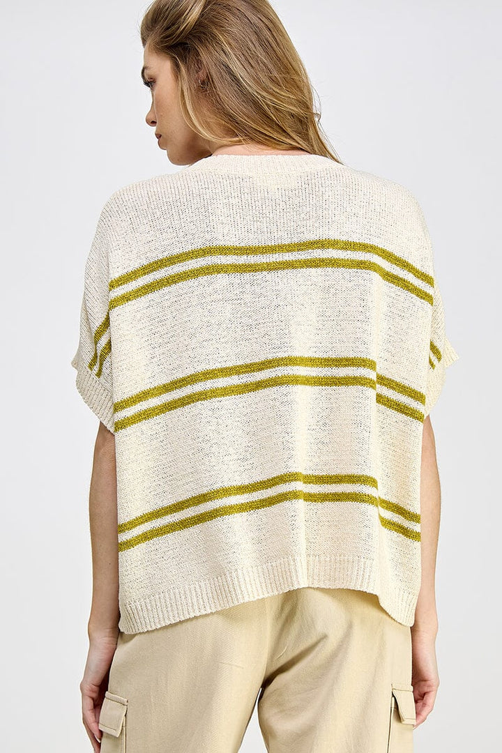WOMEN'S SHORT SLEEVE V-NECK COLORBLOCK STRIPES LOOSE FIT KNIT TOP