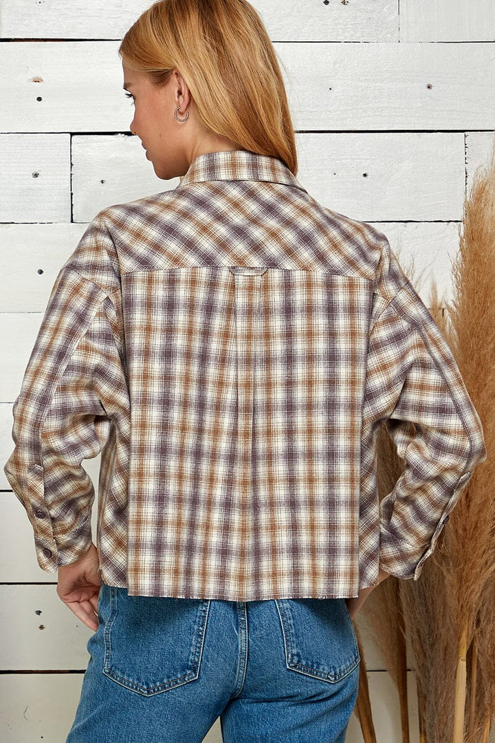 WOMEN'S LONG SLEEVE FRONT POCKETs BUTTON UP PLAID SHIRT