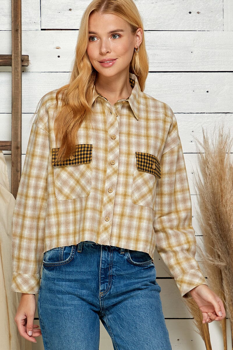 WOMEN'S LONG SLEEVE FRONT POCKETs BUTTON UP PLAID SHIRT