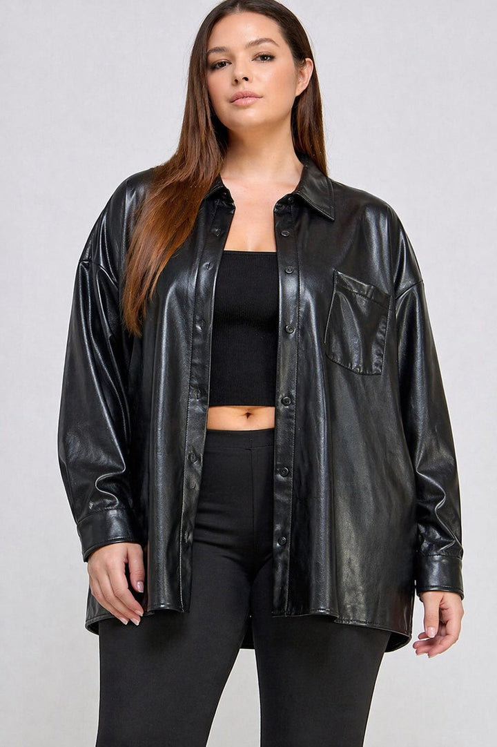 PLUS SIZE LONG SLEEVE BUTTON CLOSURE FRONT POCKET PU PLEATHER SHACKET
