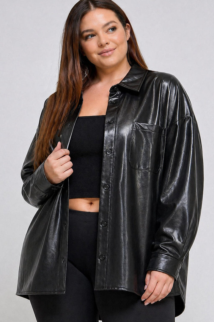 PLUS SIZE LONG SLEEVE BUTTON CLOSURE FRONT POCKET PU PLEATHER SHACKET