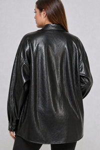 PLUS SIZE LONG SLEEVE BUTTON CLOSURE FRONT POCKET PU PLEATHER SHACKET