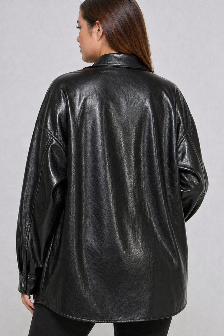 PLUS SIZE LONG SLEEVE BUTTON CLOSURE FRONT POCKET PU PLEATHER SHACKET