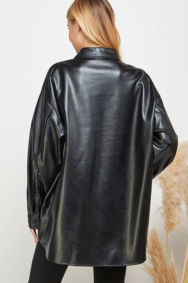 WOMEN'S LONG SLEEVE BUTTON CLOSURE FRONT POCKET PU PLEATHER SHACKET
