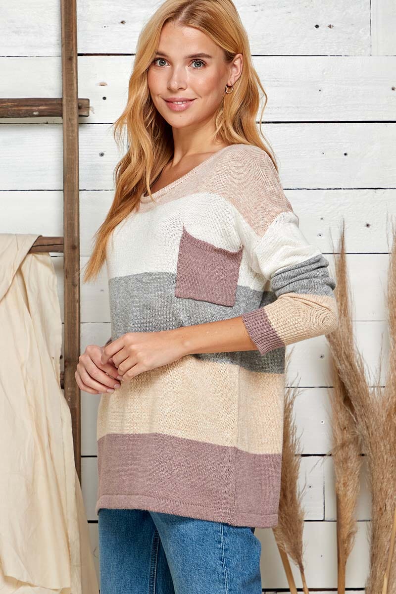 WOMEN'S LONG SLEEVE FRONT POCKET COLORBLOCK STRIPES PULLOVER SWEATER