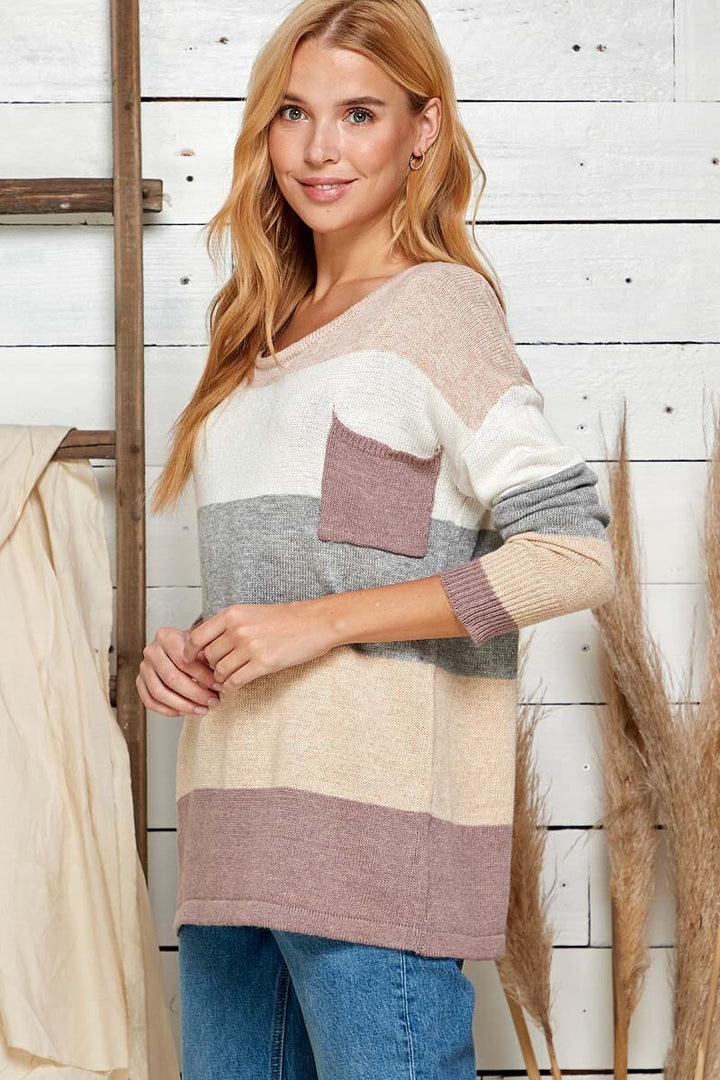 WOMEN'S LONG SLEEVE FRONT POCKET COLORBLOCK STRIPES PULLOVER SWEATER