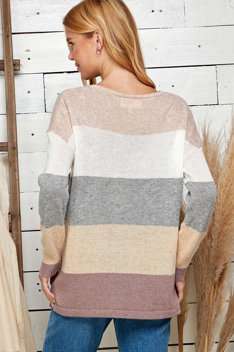 WOMEN'S LONG SLEEVE FRONT POCKET COLORBLOCK STRIPES PULLOVER SWEATER