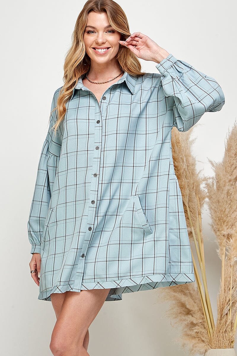 WOMEN'S LONG SLEEVE BUTTON UP FRONT POCKETS TOP/MINI DRESS