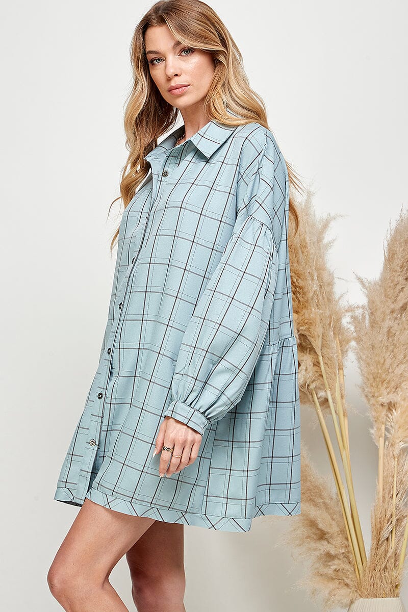 WOMEN'S LONG SLEEVE BUTTON UP FRONT POCKETS TOP/MINI DRESS