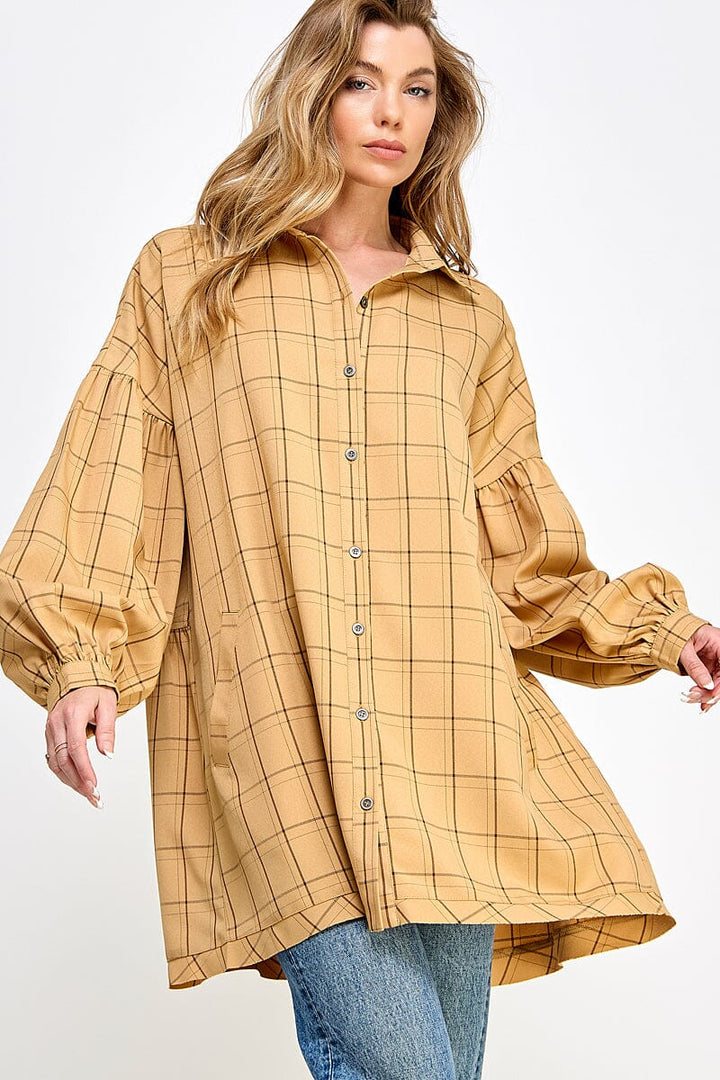 WOMEN'S LONG SLEEVE BUTTON UP FRONT POCKETS TOP/MINI DRESS