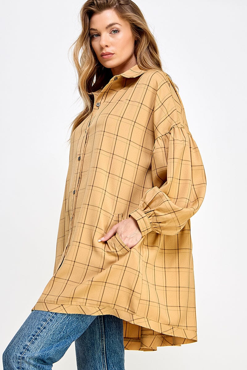 WOMEN'S LONG SLEEVE BUTTON UP FRONT POCKETS TOP/MINI DRESS