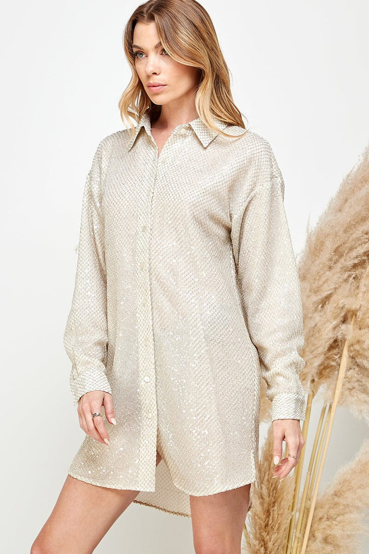 WOMEN'S LONG SLEEVE BUTTON UP LOOSE FIT SEQUINS MINI DRESS