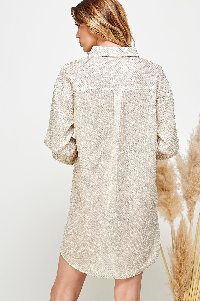 WOMEN'S LONG SLEEVE BUTTON UP LOOSE FIT SEQUINS MINI DRESS