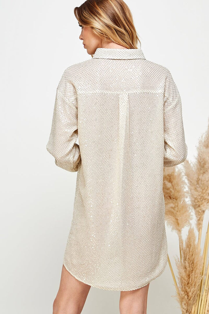 WOMEN'S LONG SLEEVE BUTTON UP LOOSE FIT SEQUINS MINI DRESS