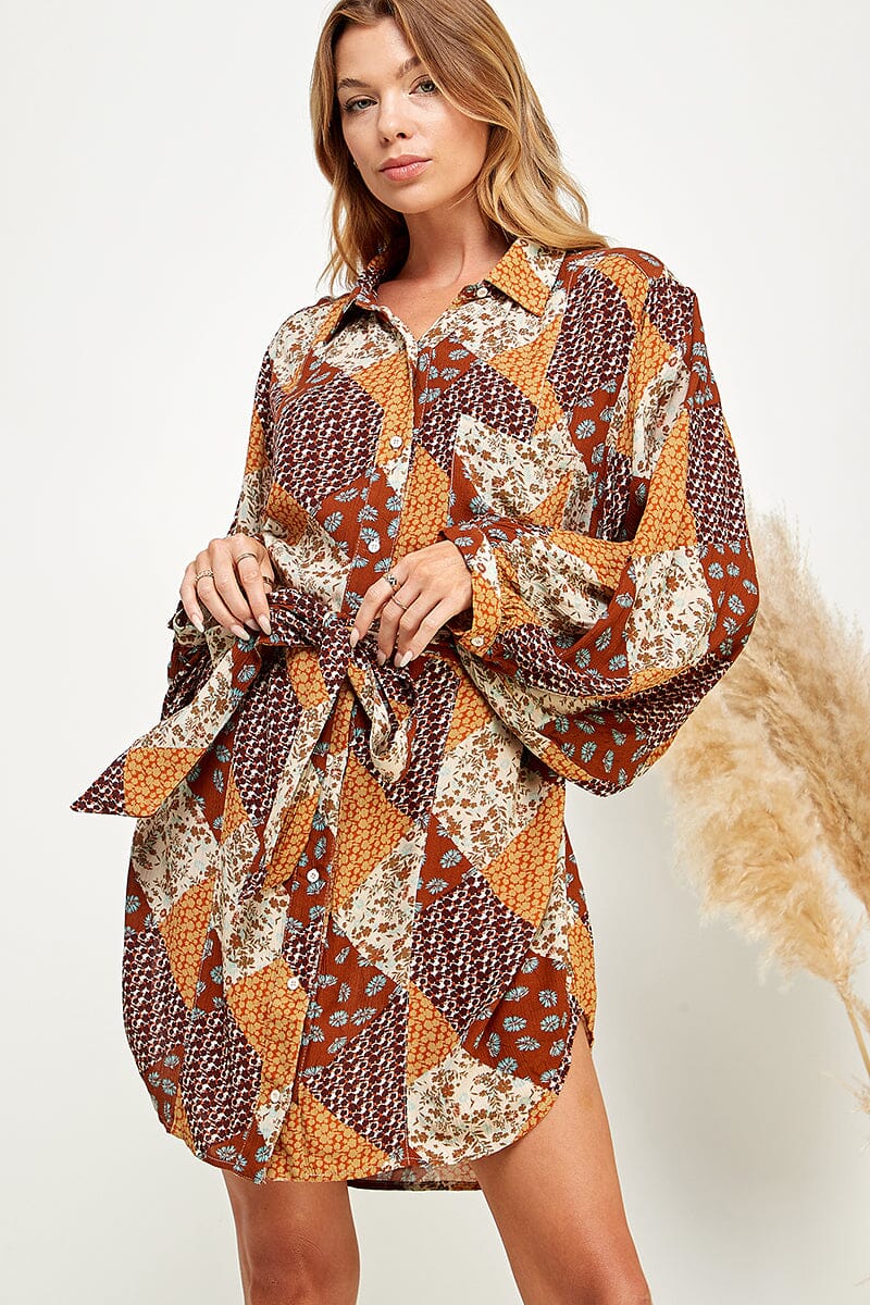 WOMEN'S LONG SLEEVE BUTTON UP FRONT POCKET SELF TIE MULTI PRINT MINI DRESS
