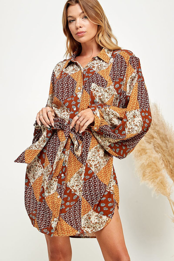WOMEN'S LONG SLEEVE BUTTON UP FRONT POCKET SELF TIE MULTI PRINT MINI DRESS